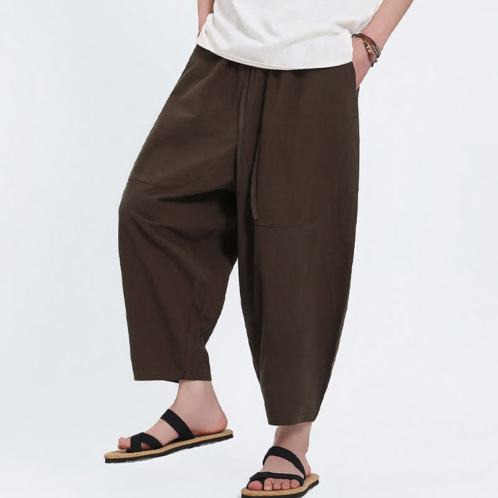 Buddha Stones Summer Casual Drawstring Solid Cotton Linen Capri Pants Men's Harem Pants With Pockets - image 10