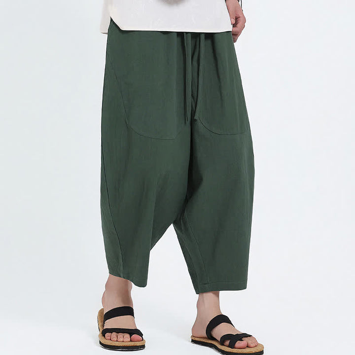 Buddha Stones Summer Casual Drawstring Solid Cotton Linen Capri Pants Men's Harem Pants With Pockets - image 4