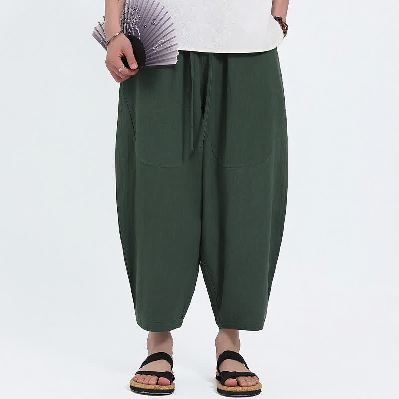 Buddha Stones Summer Casual Drawstring Solid Cotton Linen Capri Pants Men's Harem Pants With Pockets - image 6