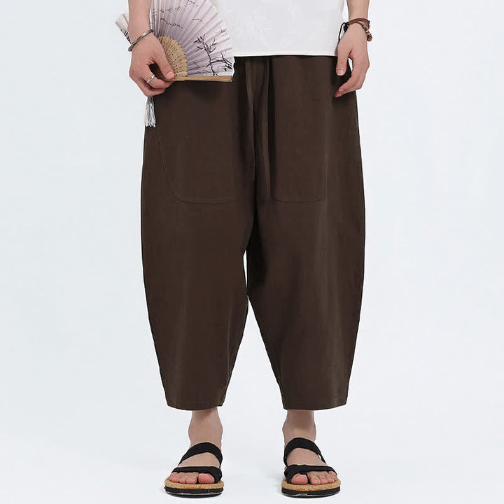 Buddha Stones Summer Casual Drawstring Solid Cotton Linen Capri Pants Men's Harem Pants With Pockets - image 13