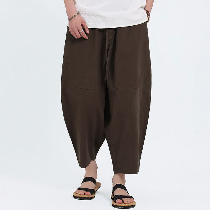 Buddha Stones Summer Casual Drawstring Solid Cotton Linen Capri Pants Men's Harem Pants With Pockets - image 12