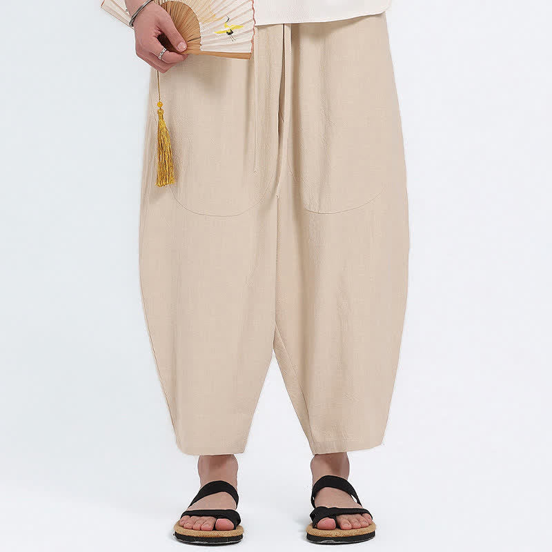 Buddha Stones Summer Casual Drawstring Solid Cotton Linen Capri Pants Men's Harem Pants With Pockets - image 19