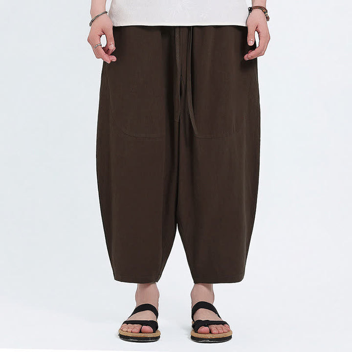 Buddha Stones Summer Casual Drawstring Solid Cotton Linen Capri Pants Men's Harem Pants With Pockets - image 11