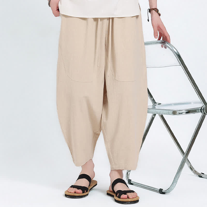 Buddha Stones Summer Casual Drawstring Solid Cotton Linen Capri Pants Men's Harem Pants With Pockets - image 20