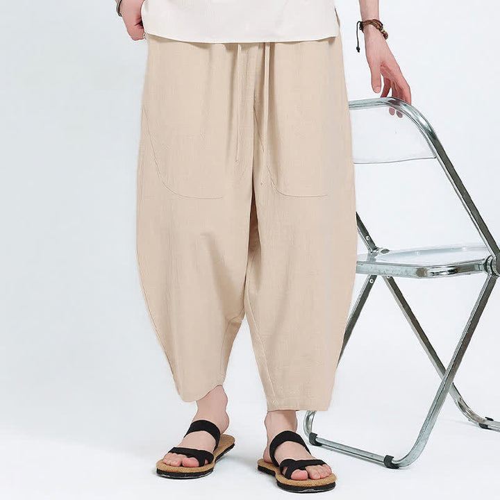 Buddha Stones Summer Casual Drawstring Solid Cotton Linen Capri Pants Men's Harem Pants With Pockets - image 20