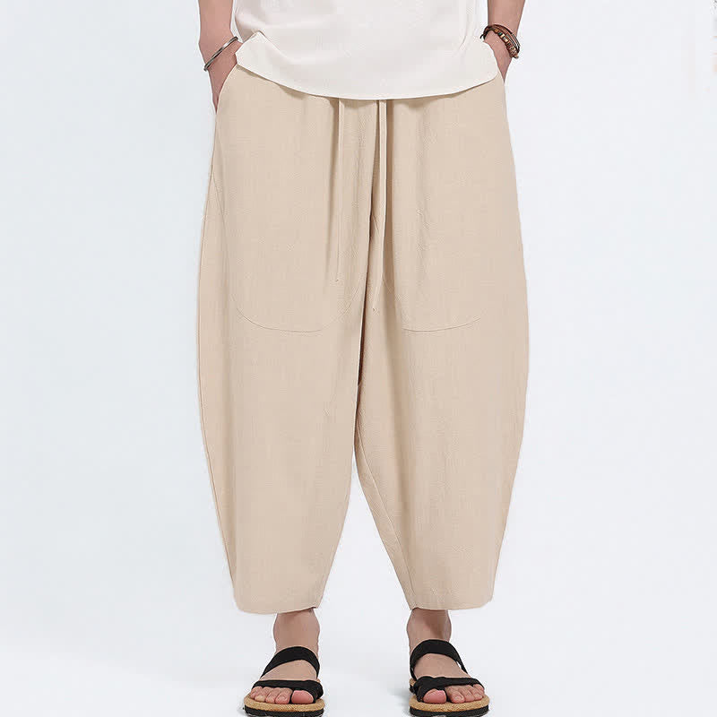 Buddha Stones Summer Casual Drawstring Solid Cotton Linen Capri Pants Men's Harem Pants With Pockets - image 22