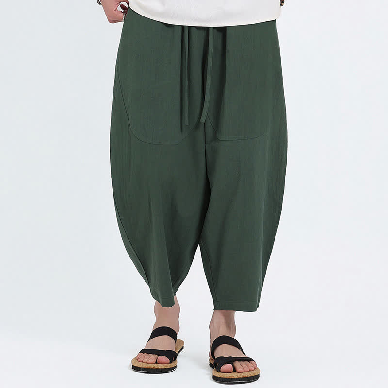 Buddha Stones Summer Casual Drawstring Solid Cotton Linen Capri Pants Men's Harem Pants With Pockets - ForestGreen - US/UK/AU46，EU56 (5XL) - image 0