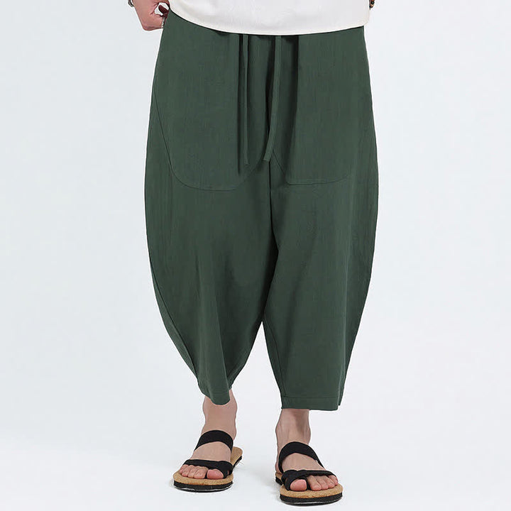 Buddha Stones Summer Casual Drawstring Solid Cotton Linen Capri Pants Men's Harem Pants With Pockets - ForestGreen - US/UK/AU46，EU56 (5XL) - image 0