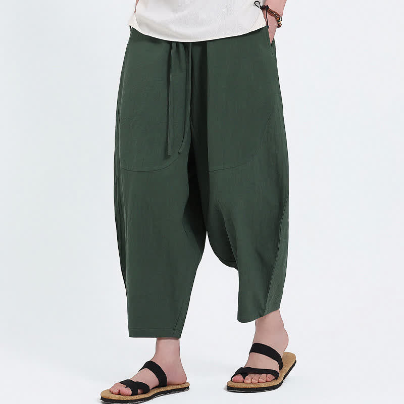 Buddha Stones Summer Casual Drawstring Solid Cotton Linen Capri Pants Men's Harem Pants With Pockets - image 2