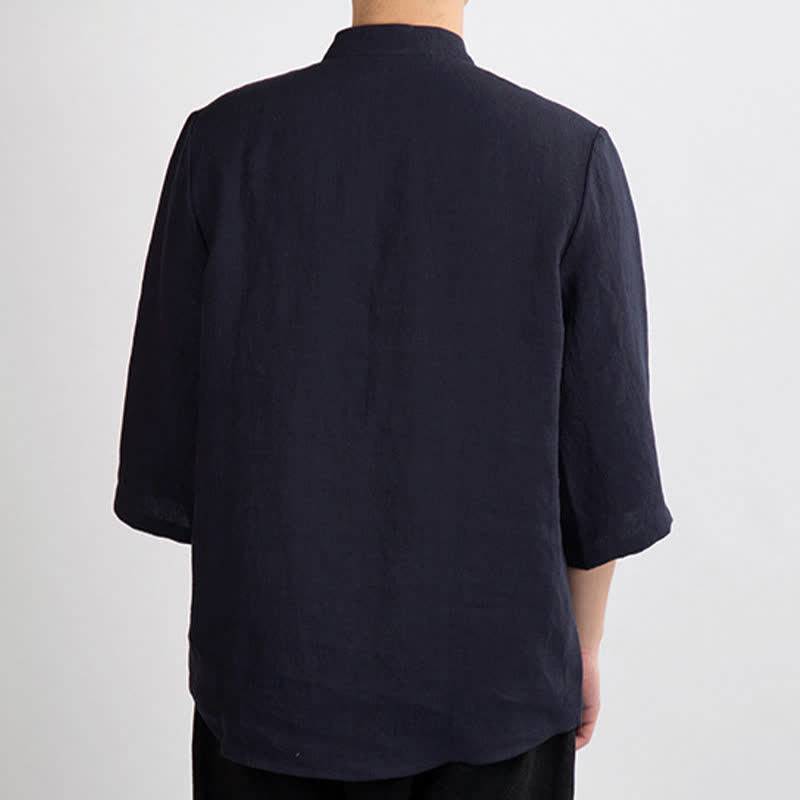 Buddha Stones Summer Tang Style Mandarin Collar Frog Button Solid Men's Three-Quarter Sleeve Shirts - image 12