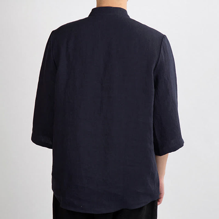 Buddha Stones Summer Tang Style Mandarin Collar Frog Button Solid Men's Three-Quarter Sleeve Shirts - image 12