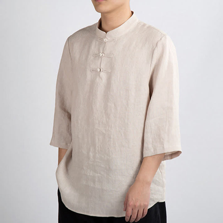 Buddha Stones Summer Tang Style Mandarin Collar Frog Button Solid Men's Three-Quarter Sleeve Shirts - image 3