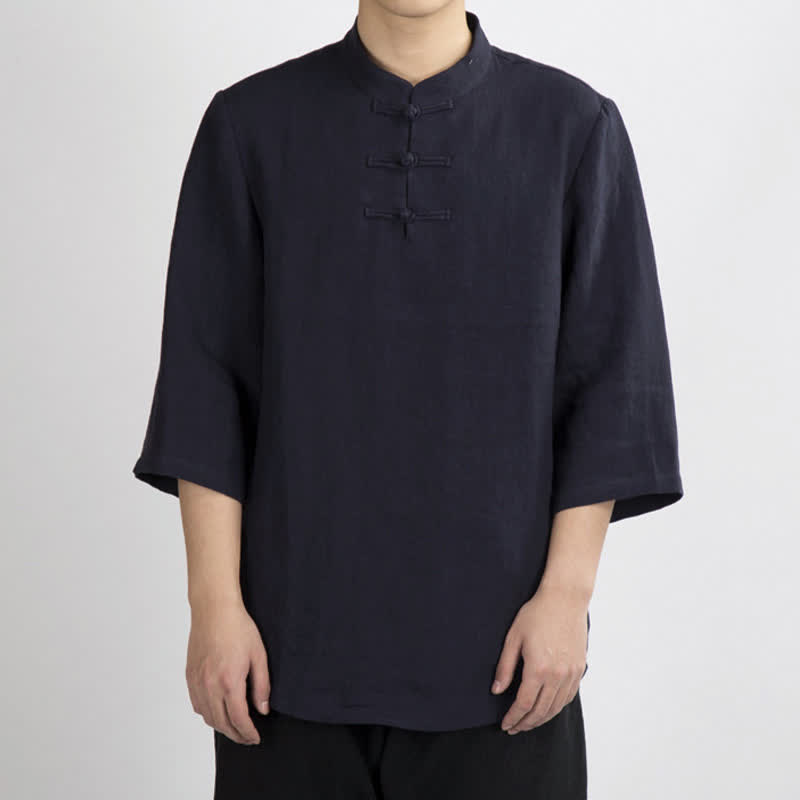 Buddha Stones Summer Tang Style Mandarin Collar Frog Button Solid Men's Three-Quarter Sleeve Shirts - image 11