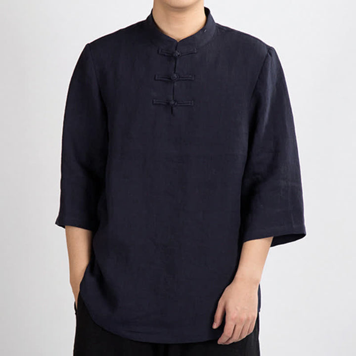 Buddha Stones Summer Tang Style Mandarin Collar Frog Button Solid Men's Three-Quarter Sleeve Shirts - MidnightBlue - US/UK/AU46，EU56 (4XL) - image 9