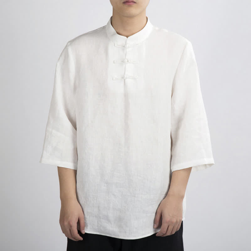 Buddha Stones Summer Tang Style Mandarin Collar Frog Button Solid Men's Three-Quarter Sleeve Shirts - image 5