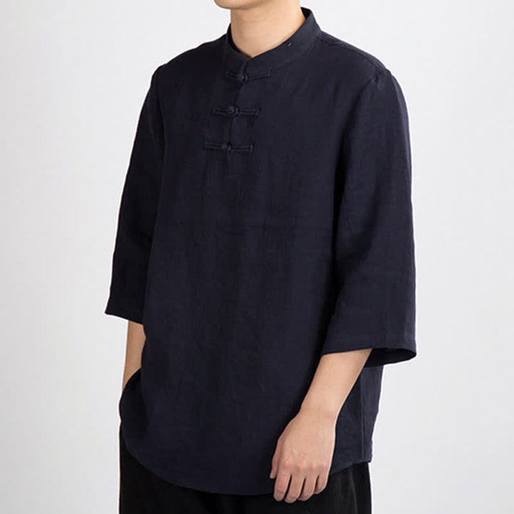 Buddha Stones Summer Tang Style Mandarin Collar Frog Button Solid Men's Three-Quarter Sleeve Shirts - image 10