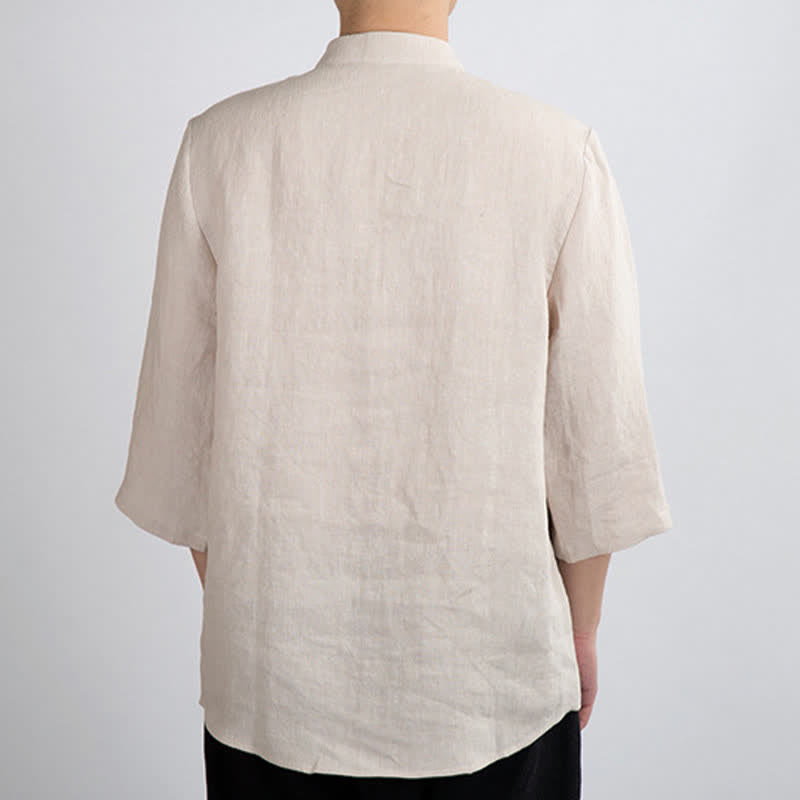 Buddha Stones Summer Tang Style Mandarin Collar Frog Button Solid Men's Three-Quarter Sleeve Shirts - image 1