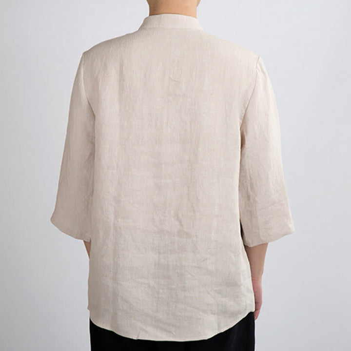 Buddha Stones Summer Tang Style Mandarin Collar Frog Button Solid Men's Three-Quarter Sleeve Shirts - image 1