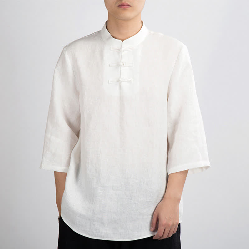 Buddha Stones Summer Tang Style Mandarin Collar Frog Button Solid Men's Three-Quarter Sleeve Shirts - White - US/UK/AU46，EU56 (4XL) - image 6