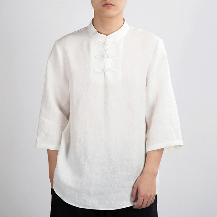 Buddha Stones Summer Tang Style Mandarin Collar Frog Button Solid Men's Three-Quarter Sleeve Shirts - White - US/UK/AU46，EU56 (4XL) - image 6