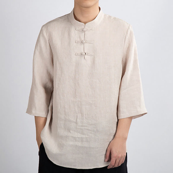 Buddha Stones Summer Tang Style Mandarin Collar Frog Button Solid Men's Three-Quarter Sleeve Shirts - Linen - US/UK/AU46，EU56 (4XL) - image 0