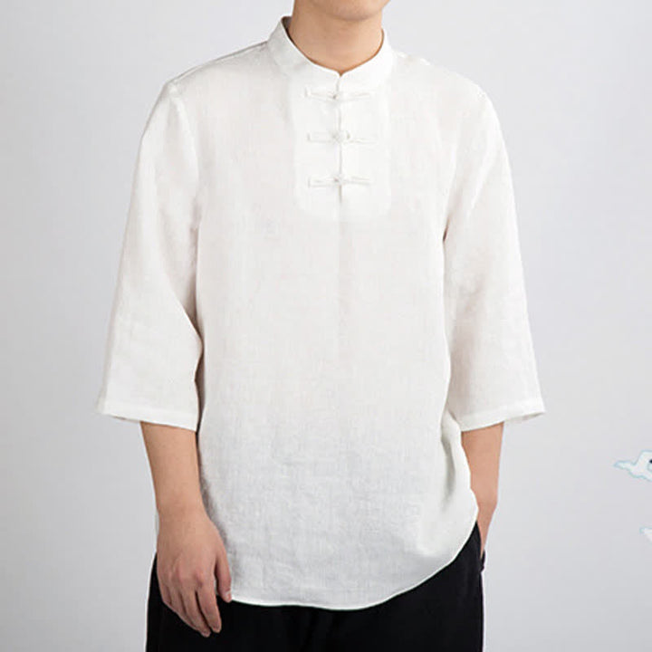 Buddha Stones Summer Tang Style Mandarin Collar Frog Button Solid Men's Three-Quarter Sleeve Shirts - image 4