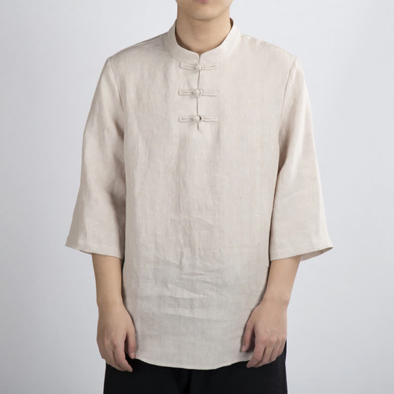 Buddha Stones Summer Tang Style Mandarin Collar Frog Button Solid Men's Three-Quarter Sleeve Shirts - image 2