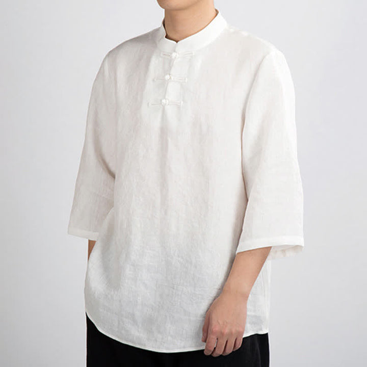 Buddha Stones Summer Tang Style Mandarin Collar Frog Button Solid Men's Three-Quarter Sleeve Shirts - image 7
