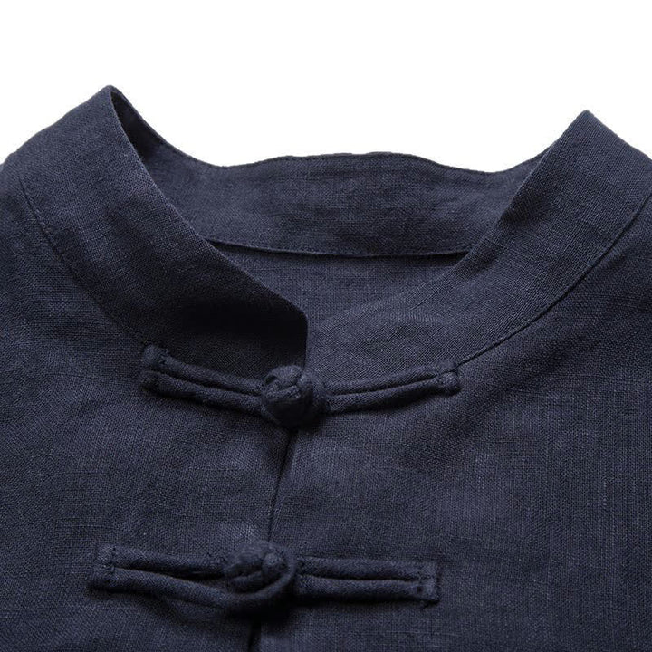 Buddha Stones Summer Tang Style Mandarin Collar Frog Button Solid Men's Three-Quarter Sleeve Shirts - image 16