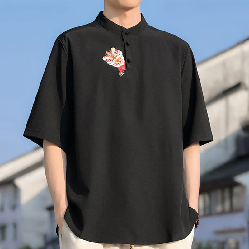 Buddha Stones Summer Tang Style Mandarin Collar Embroidery Solid Men's Short Sleeve Shirts - image 2