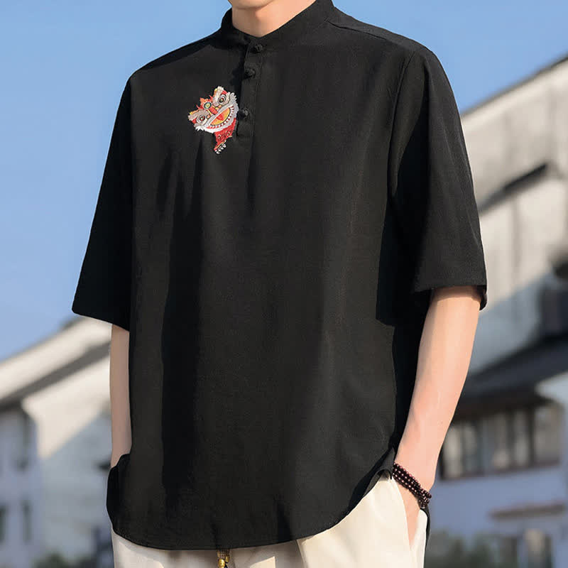 Buddha Stones Summer Tang Style Mandarin Collar Embroidery Solid Men's Short Sleeve Shirts - image 4