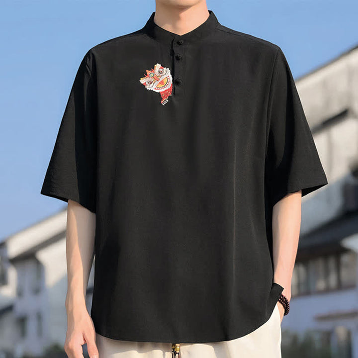 Buddha Stones Summer Tang Style Mandarin Collar Embroidery Solid Men's Short Sleeve Shirts - image 3