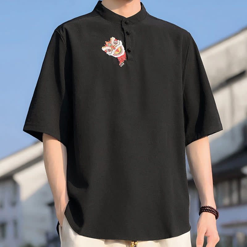 Buddha Stones Summer Tang Style Mandarin Collar Embroidery Solid Men's Short Sleeve Shirts - image 1