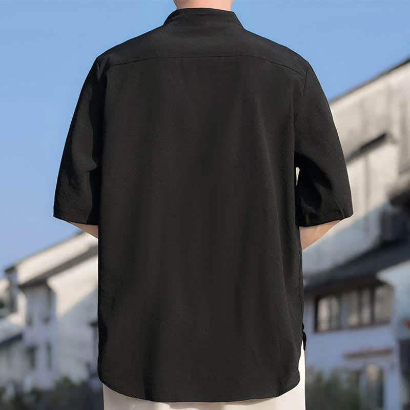 Buddha Stones Summer Tang Style Mandarin Collar Embroidery Solid Men's Short Sleeve Shirts - image 5