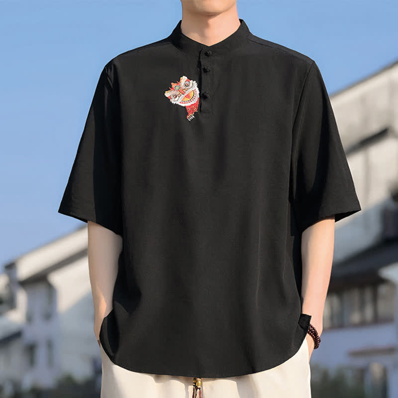 Buddha Stones Summer Tang Style Mandarin Collar Embroidery Solid Men's Short Sleeve Shirts - Black - US/UK/AU46, EU56 (5XL) - image 0