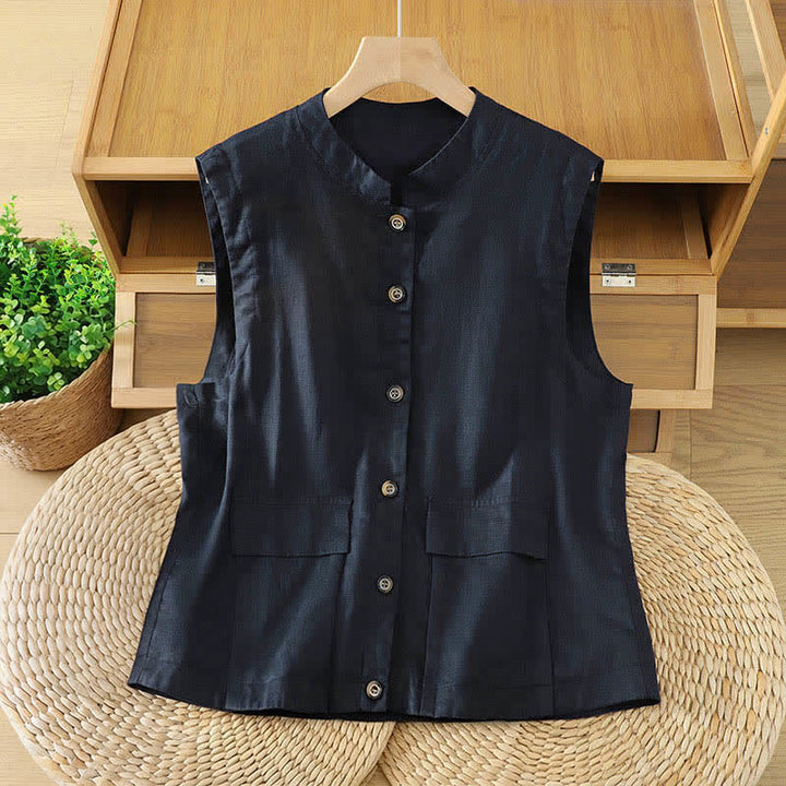 Buddha Stones Summer Tang Style Minimalist Mandarin Collar Button-Up Solid Women's Sleeveless Shirts Tank Top With Pocket - MidnightBlue - US12, UK/AU16, EU44 (2XL) - image 5