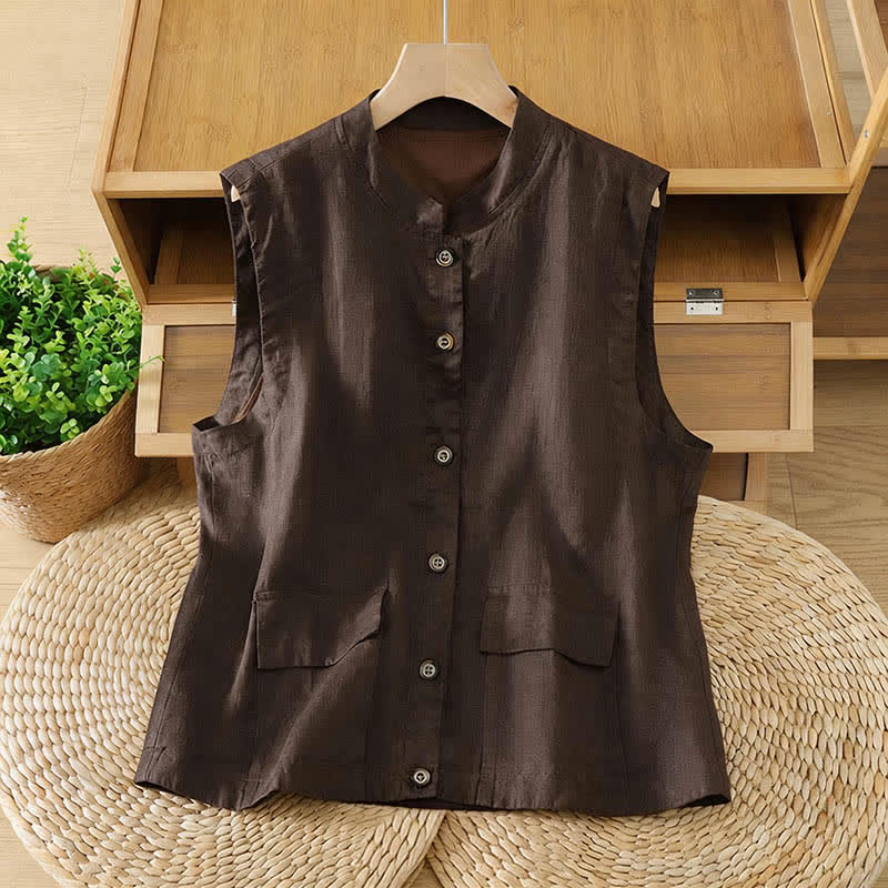 Buddha Stones Summer Tang Style Minimalist Mandarin Collar Button-Up Solid Women's Sleeveless Shirts Tank Top With Pocket - SaddleBrown - US12, UK/AU16, EU44 (2XL) - image 9