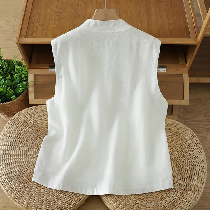 Buddha Stones Summer Tang Style Minimalist Mandarin Collar Button-Up Solid Women's Sleeveless Shirts Tank Top With Pocket - image 15