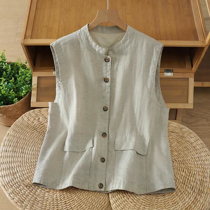 Buddha Stones Summer Tang Style Minimalist Mandarin Collar Button-Up Solid Women's Sleeveless Shirts Tank Top With Pocket - Beige - US12, UK/AU16, EU44 (2XL) - image 0