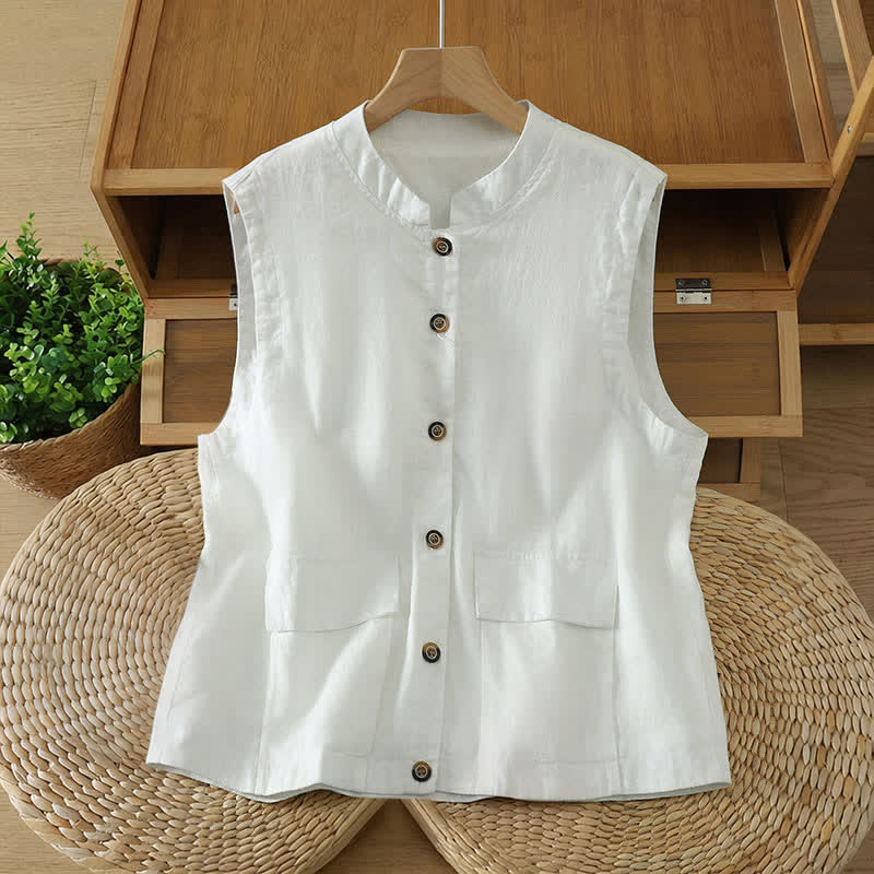 Buddha Stones Summer Tang Style Minimalist Mandarin Collar Button-Up Solid Women's Sleeveless Shirts Tank Top With Pocket - White - US12, UK/AU16, EU44 (2XL) - image 14