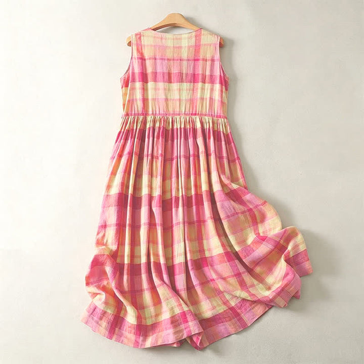 Buddha Stones Summer Casual Vintage Plaid Women's Summer Sleeveless Dresse With Pocket - image 1