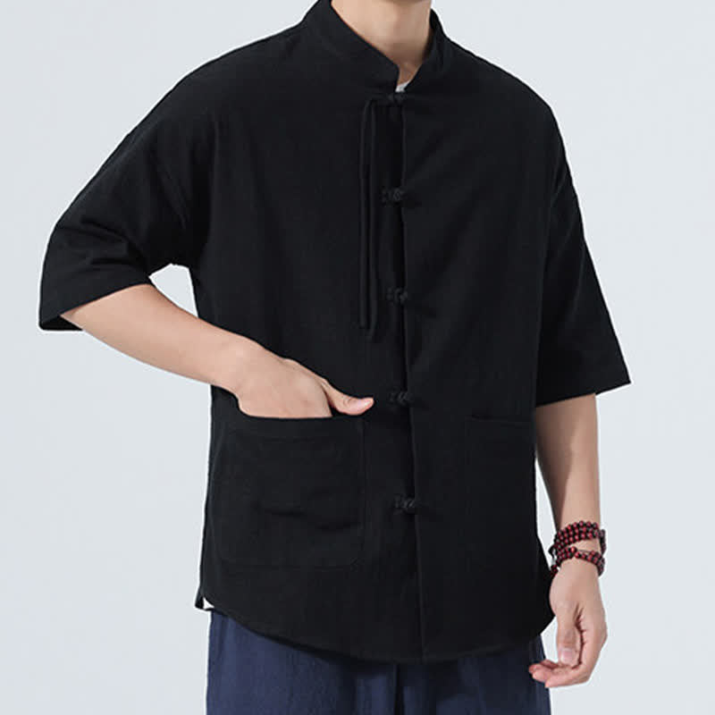 Buddha Stones Summer Tang Style Casual Mandarin Collar Frog Button Solid Men's Elbow-Length Sleeve Shirts With Pocket - image 9