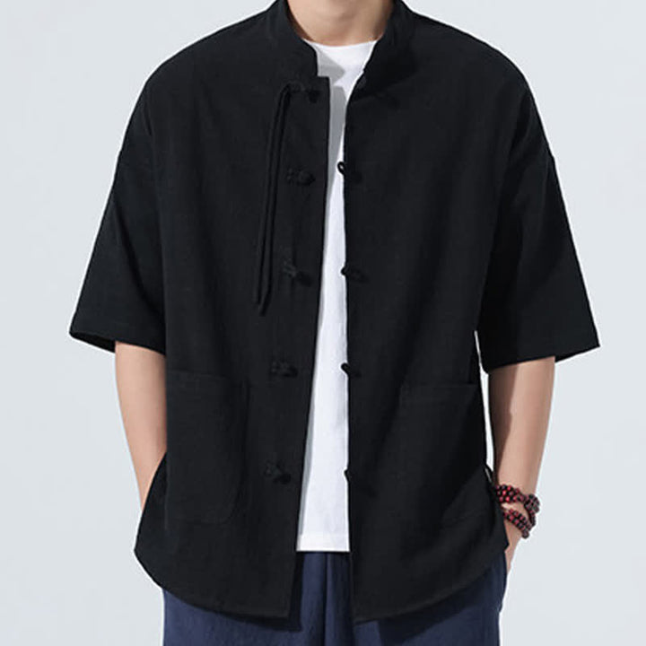 Buddha Stones Summer Tang Style Casual Mandarin Collar Frog Button Solid Men's Elbow-Length Sleeve Shirts With Pocket - image 11