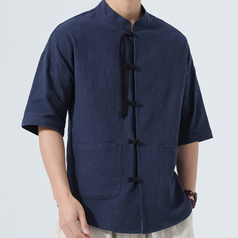 Buddha Stones Summer Tang Style Casual Mandarin Collar Frog Button Solid Men's Elbow-Length Sleeve Shirts With Pocket - image 6