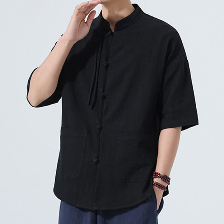 Buddha Stones Summer Tang Style Casual Mandarin Collar Frog Button Solid Men's Elbow-Length Sleeve Shirts With Pocket - image 10