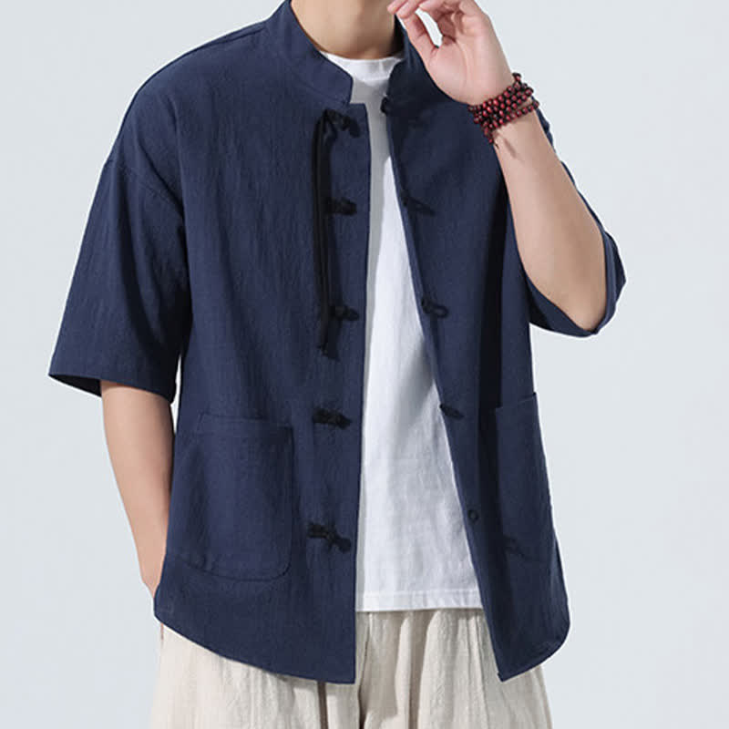 Buddha Stones Summer Tang Style Casual Mandarin Collar Frog Button Solid Men's Elbow-Length Sleeve Shirts With Pocket - image 2