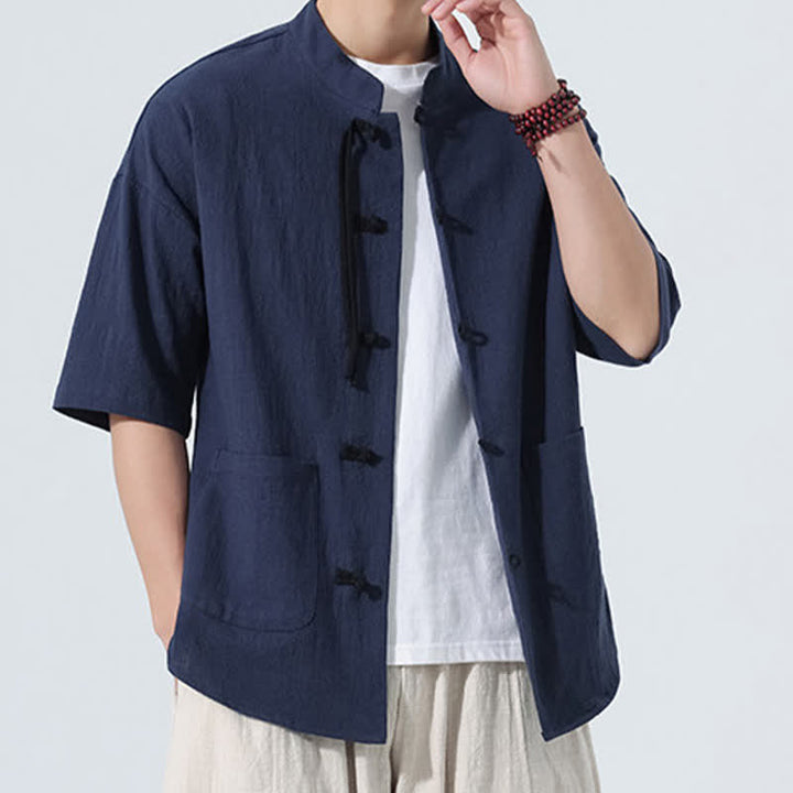 Buddha Stones Summer Tang Style Casual Mandarin Collar Frog Button Solid Men's Elbow-Length Sleeve Shirts With Pocket - image 2