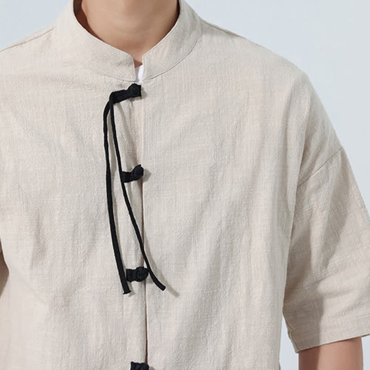 Buddha Stones Summer Tang Style Casual Mandarin Collar Frog Button Solid Men's Elbow-Length Sleeve Shirts With Pocket - image 20