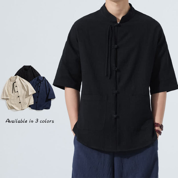 Buddha Stones Summer Tang Style Casual Mandarin Collar Frog Button Solid Men's Elbow-Length Sleeve Shirts With Pocket - image 8
