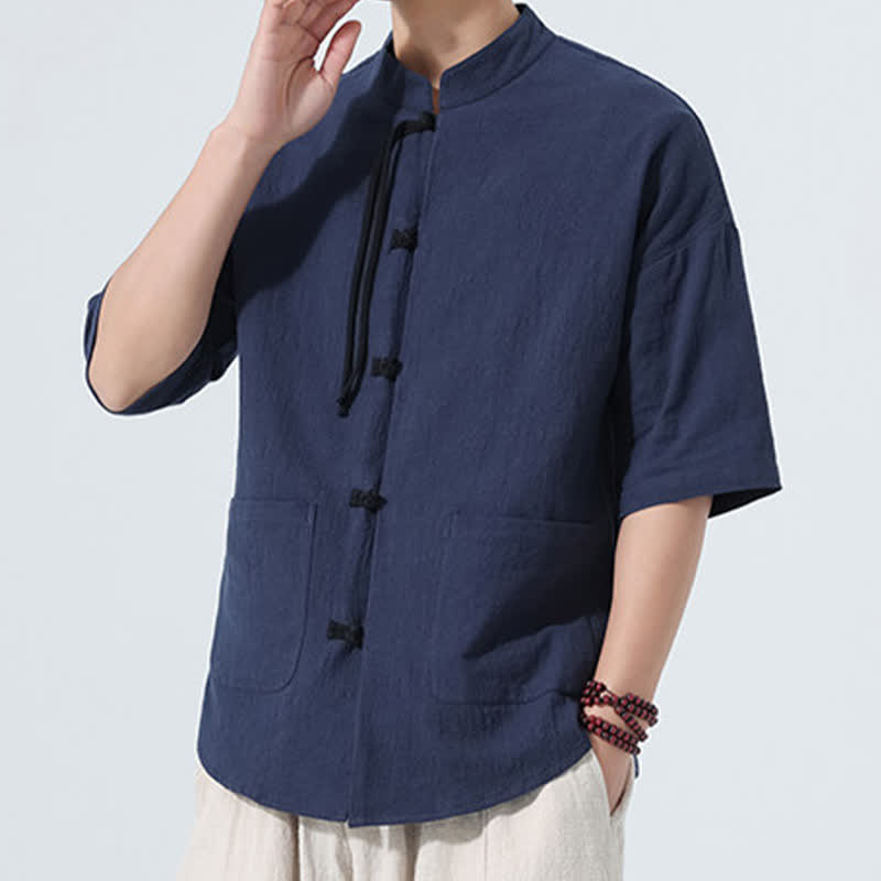 Buddha Stones Summer Tang Style Casual Mandarin Collar Frog Button Solid Men's Elbow-Length Sleeve Shirts With Pocket - image 3